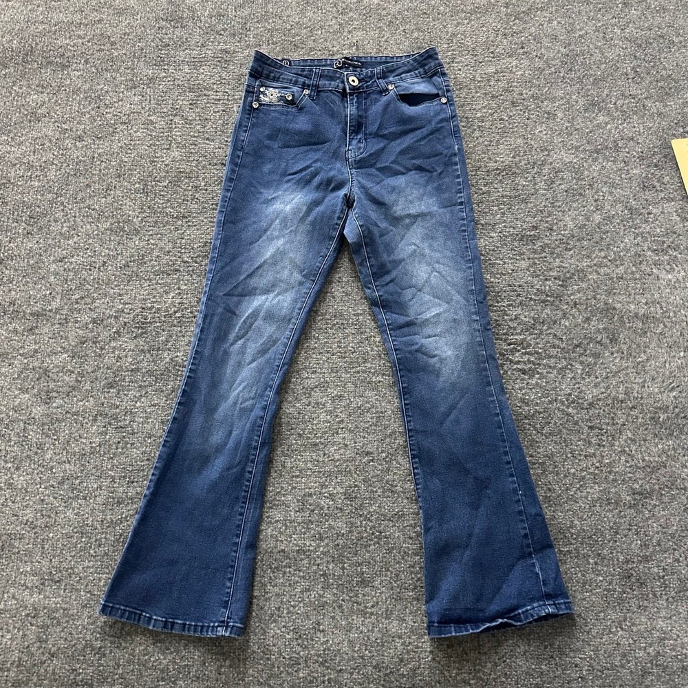 Rock Republic Jeans Womens Size 6 Blue Flare Rhinestone Cross Embellished